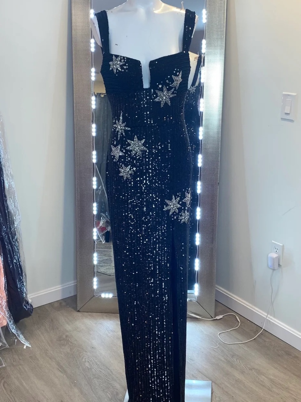 Tarik Ediz Black Sequin Gown with Silver Stars